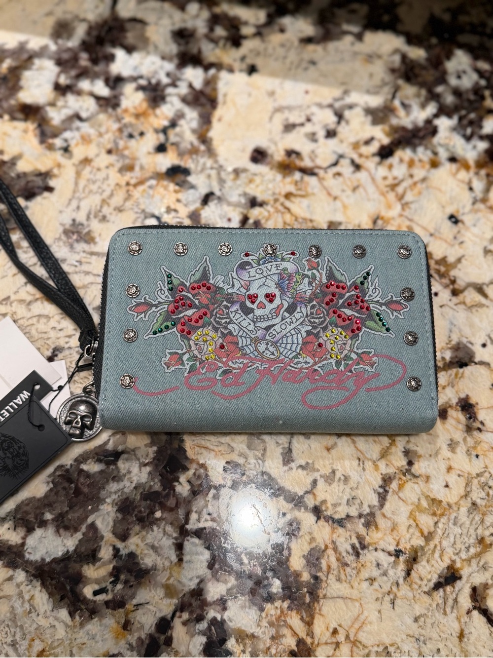 Ed Hardy NWT Light Blue Skull-Embellished Double Zip Large Wristlet Wallet